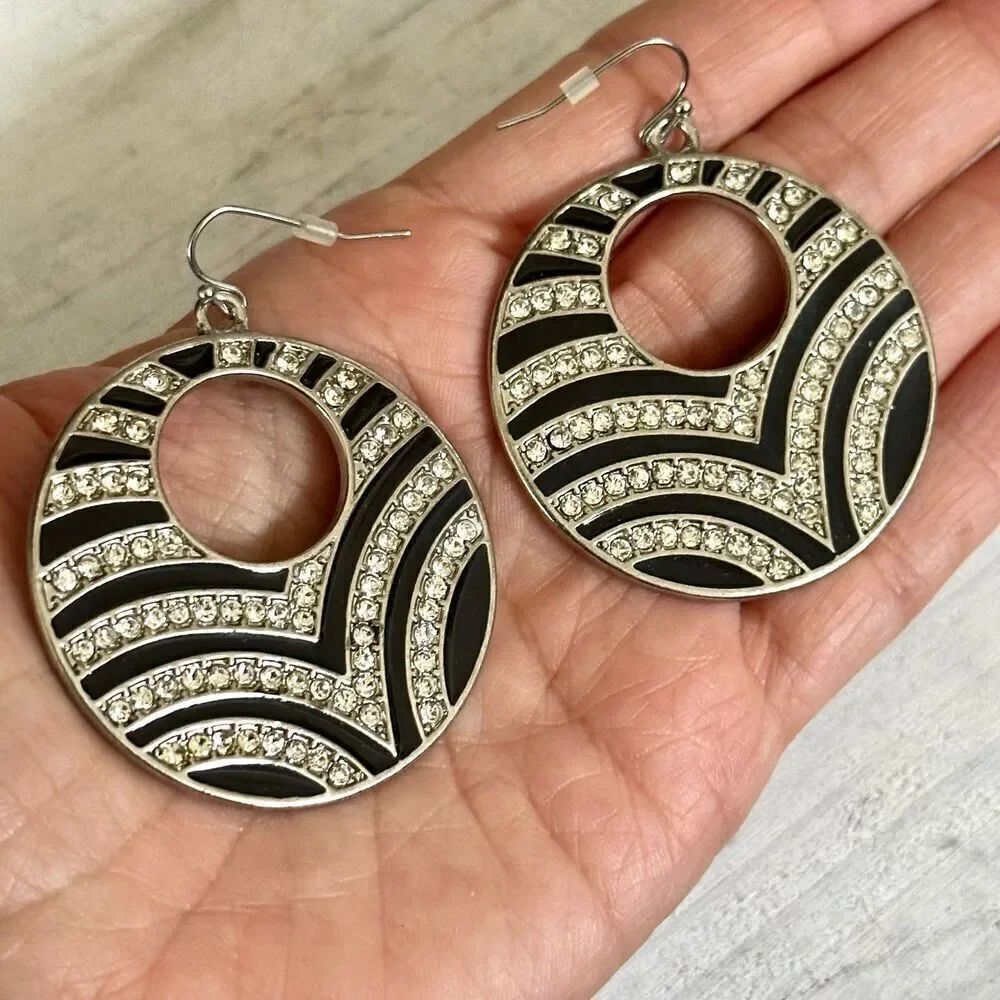 Black rhinestone circle statement earrings